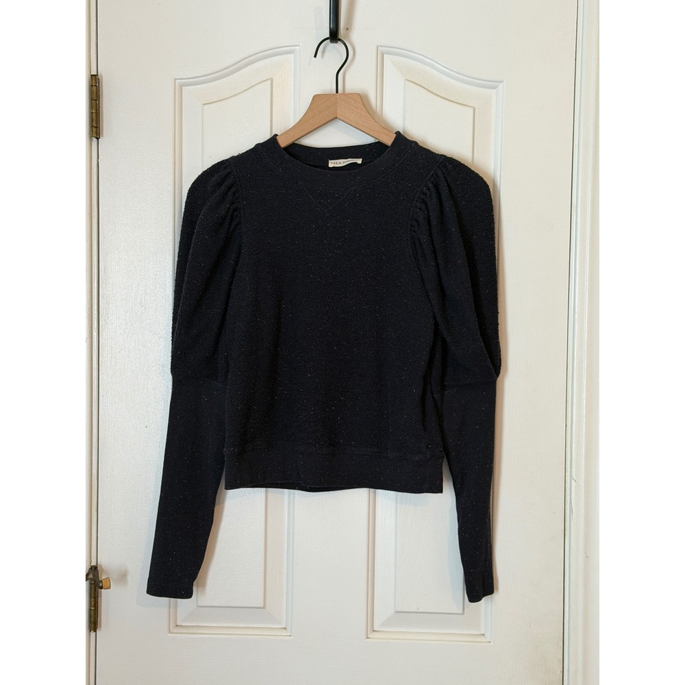 Ulla Johnson | Philo Pullover Sweatshirt S Midnight Navy Speckled Puff Sleeve - Picture 5 of 11